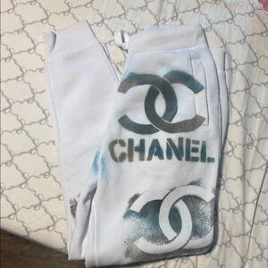 CHANEL White and Black Logo Joggers